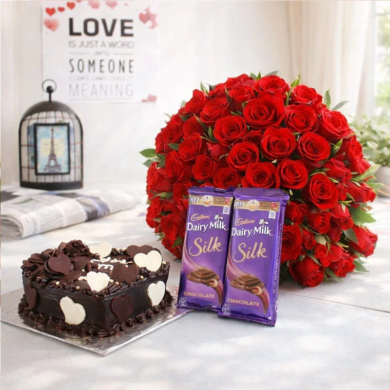 Red Roses Bouquet With Chocolate Cake And Silk Chocolate