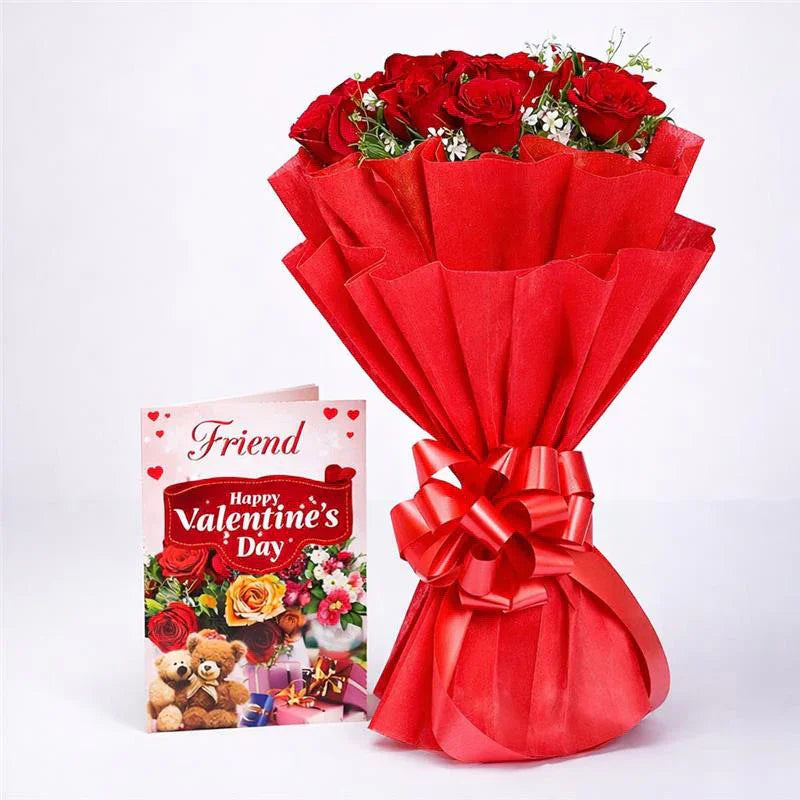 Bouquet of red roses wrapped in red paper with a Valentine's Day card on a white background