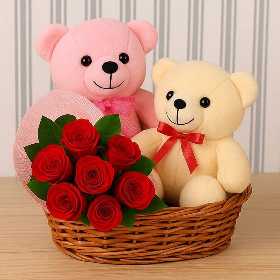 Gift basket with pink and cream teddy bears and a bouquet of red roses