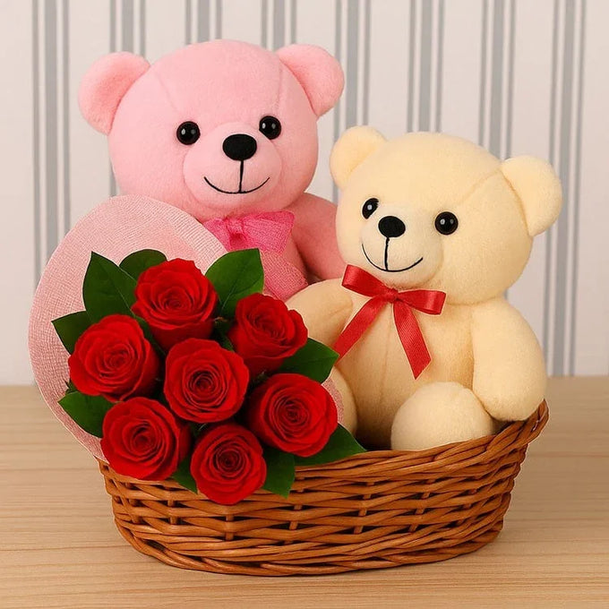 10 Red Roses with 6 Inch & 12 Inch Teddy Bears in Round Basket - Flower Delivery in Delhi