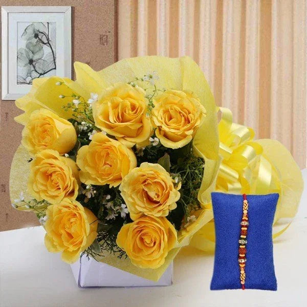 Yellow rose bouquet with decorative rakhi, perfect for gifting on special occasions
