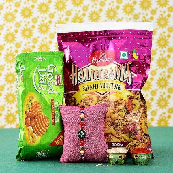 Rakhi With Delicious Biscuit And Shahi Mixture