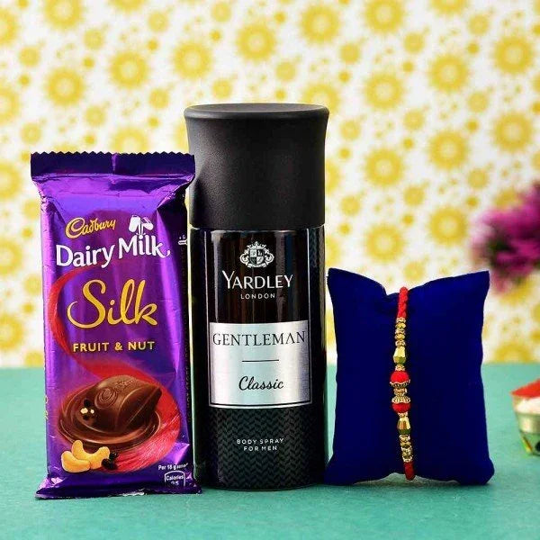 Designer Rakhi with Yardley Gentleman Deo & Dairy Milk Fruit and Nut