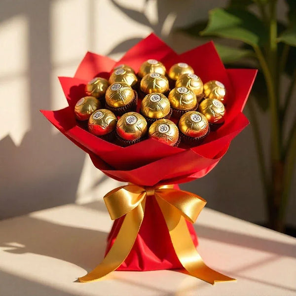 Chocolate bouquet with gold-wrapped chocolates in red wrapping and gold ribbon.