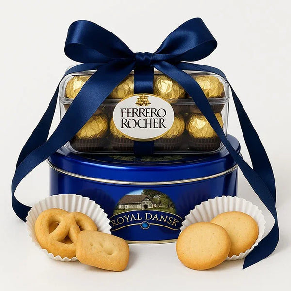 Ferrero Rocher chocolates and Royal Dansk butter cookies gift set with blue ribbon