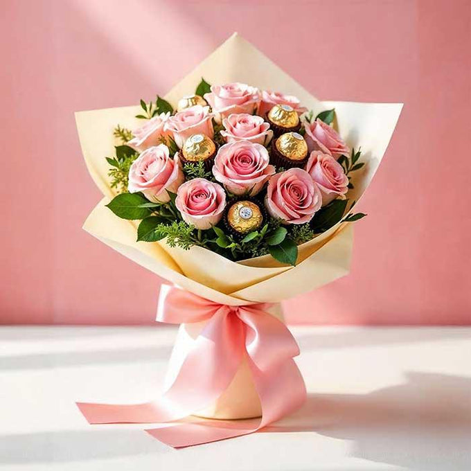 Pink Rose Bouquet with 16 Ferrero Rocher Chocolates - Flower Delivery in GiftsGhaziabad