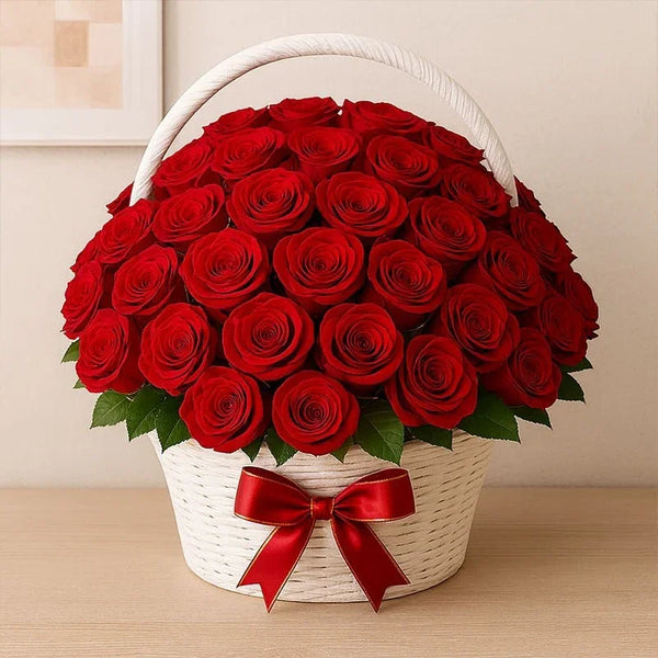Basket of fresh red roses with green leaves and red ribbon, perfect for romantic gifting