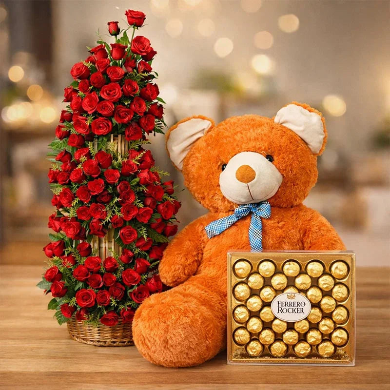 big teddy bear with flowers and chocolate Rose Basket, Teddy Chocolate OyeGifts