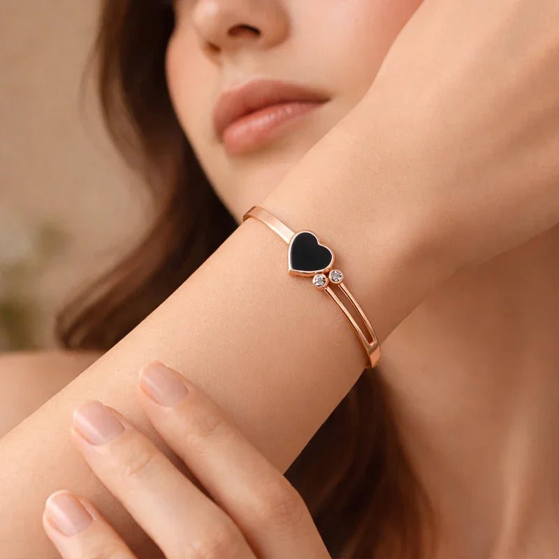 Rose Gold Heart Charm Bracelet with Black Enamel & Crystal Accents