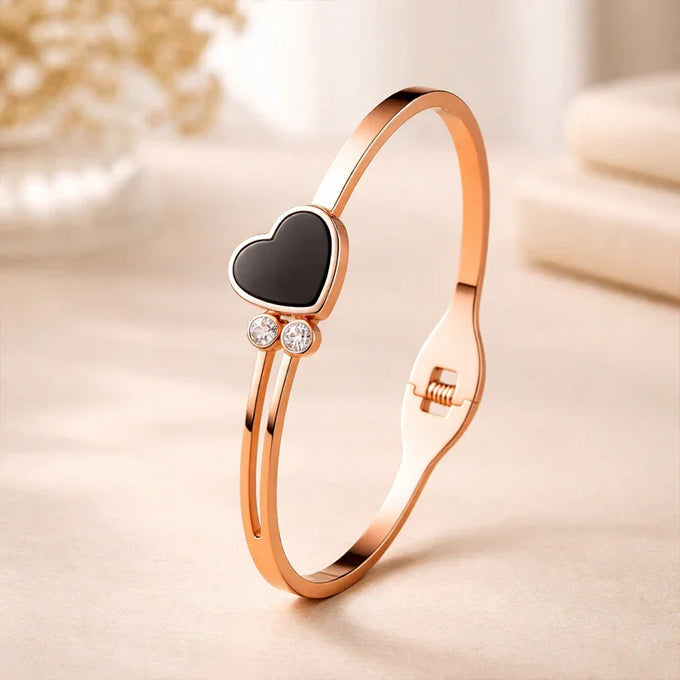 Rose Gold Heart Charm Bracelet with Black Enamel & Crystal Accents