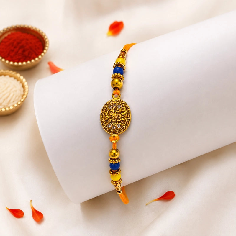 Royal Heritage Blue and Yellow Beaded Rakhi - OyeGifts