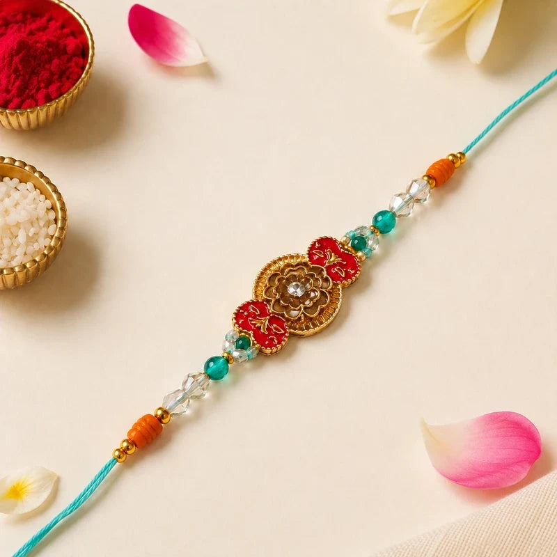 Royal Kundan Floral Rakhi with Turquoise Beads - alternate view