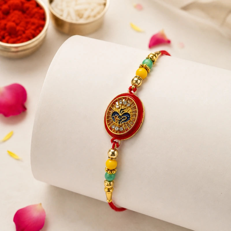 Royal Peacock Enamel Beaded Rakhi premium angle - OyeGifts