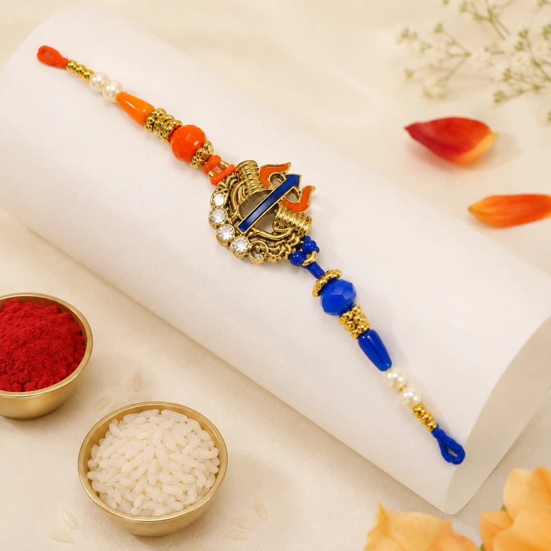 Royal Trishul Blue and Orange Rakhi premium angle - OyeGifts