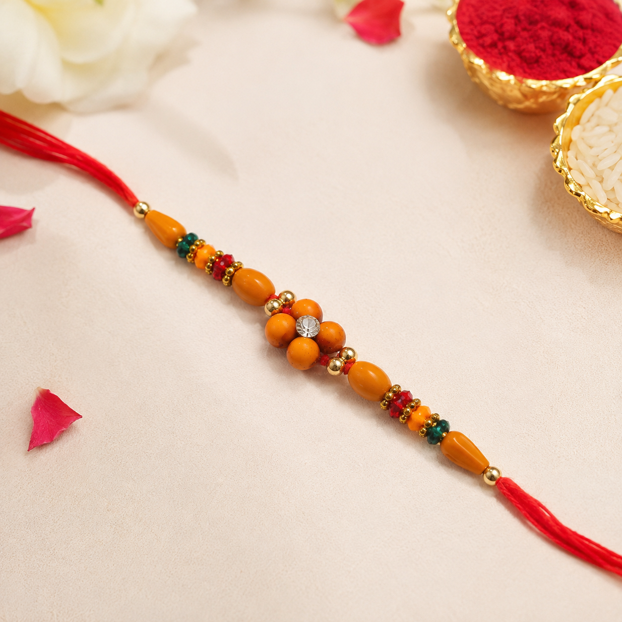 Saffron Floral Beads Rakhi - premium OyeGifts product image