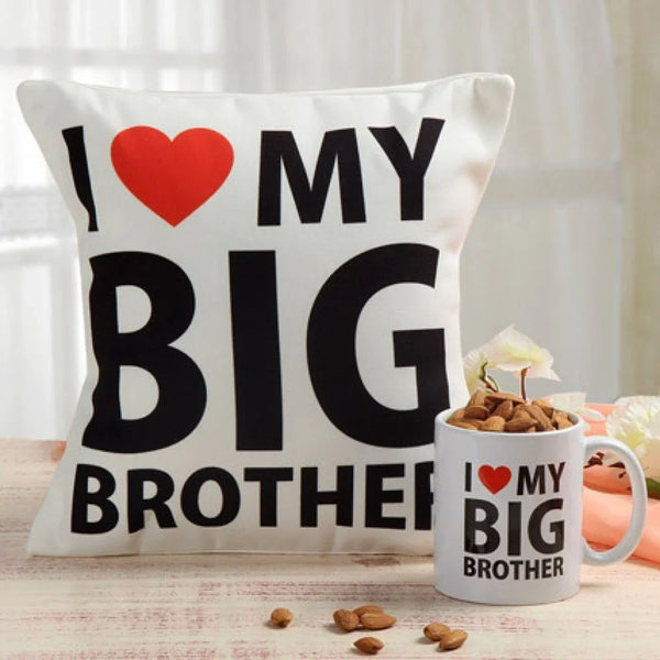 Gift set with 'I love my big brother' cushion and mug, ideal for sibling gifts or Rakhi