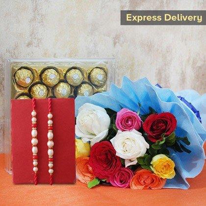 Bouquet of colorful roses, a box of chocolates, and a set of beaded Rakhi 