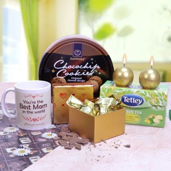 Mother's Day gift hamper with chocolate chip cookies, Best Mom mug, green tea, chocolates, candles