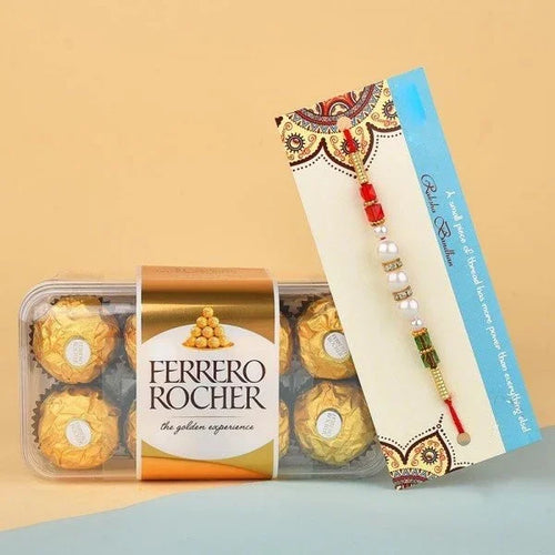 Ferrero Rocher chocolates box with designer Rakhi for Raksha Bandhan gifting.