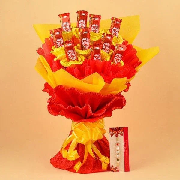 KitKat chocolate bouquet with Rakhi in red and yellow wrapping, ideal for gift delivery