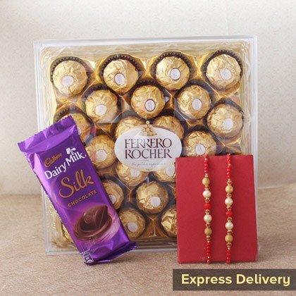 Ferrero Rocher chocolates, Dairy Milk Silk bar, and two rakhis with express delivery tag