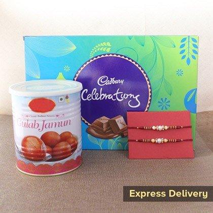 Rakhi gift set with Cadbury Celebrations box, Gulab Jamun tin, and traditional rakhis, express delivery