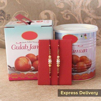 Rakhi with Gulab Jamun sweets combo for Raksha Bandhan, express delivery option