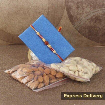 Rakhi with almonds and pistachios gift set, express delivery option visible