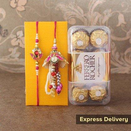 Rakhi and lumba set with Ferrero Rocher chocolates for express delivery gift