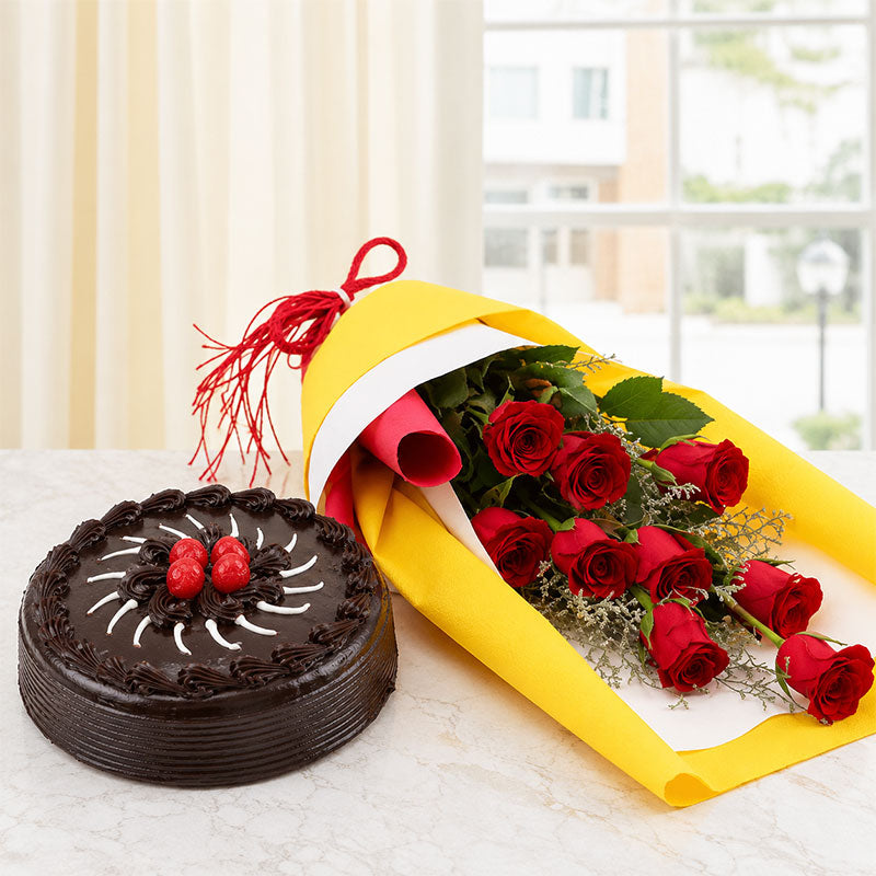 Red Roses Bouquet with 500g Truffle Cake Combo