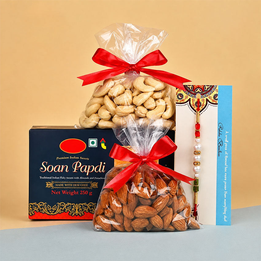 Single Pearl Rakhi with Almonds, Cashews & Soan Papdi Gift Box