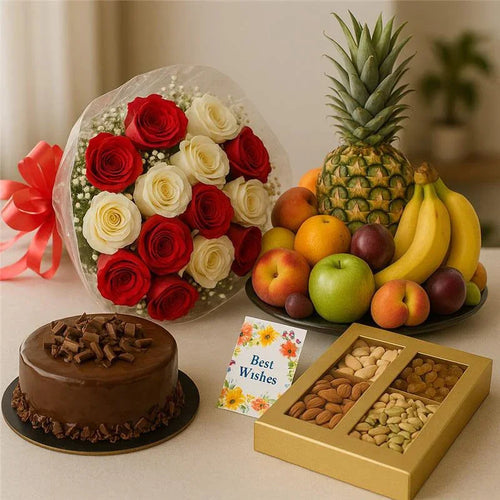 Gift set with red and white roses bouquet, chocolate cake, assorted fruits, dry nuts, and Best Wishes card.