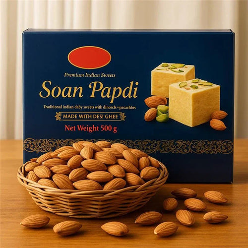 Soan papdi gift box with almonds in a wicker basket on a wooden table