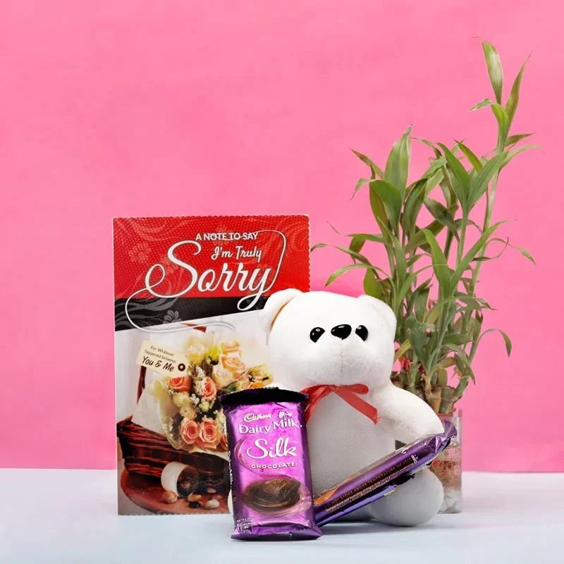 White teddy bear with a purple gift bag, 'I'm Truly Sorry' card, and chocolate bar on a pink background.