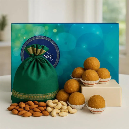 Motichoor Ladoo with Almonds, Cashews & Cadbury Celebrations Gift Box Online Gift Delivery