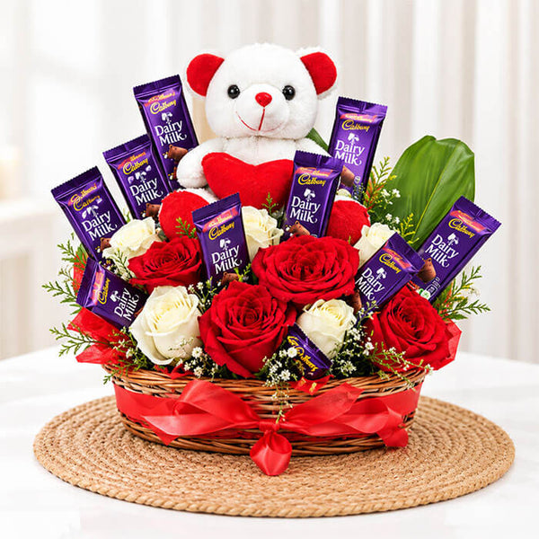 Red & White Rose Teddy Chocolate Basket