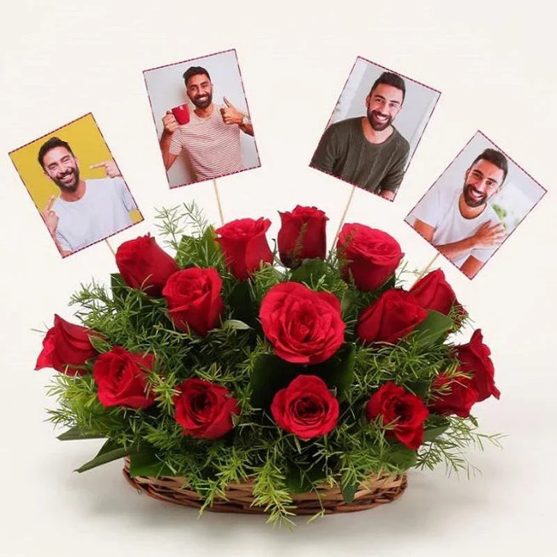 Basket of red roses with cutout photos of a man on a white background