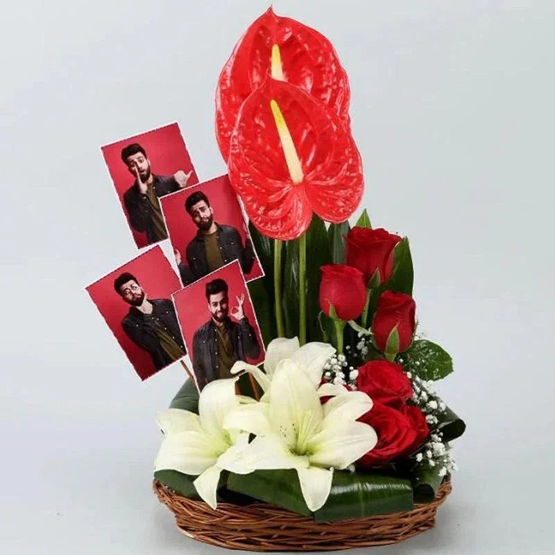 Floral arrangement with red flowers and a large red anthurium, featuring four photos of a person on a gray background.