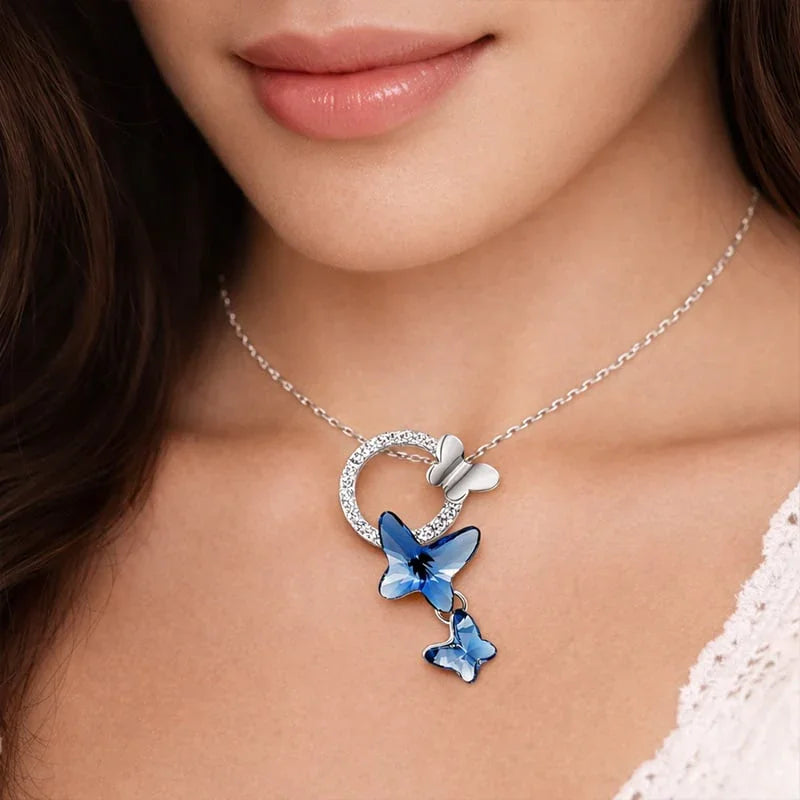 Stylish Platinum Silver Plated Crystal Butterfly Chain Pendant Necklace for Women