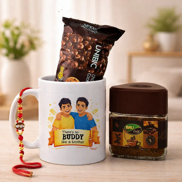 Rakhi gift hamper with coffee mug, rakhi, cookies, and instant coffee for brother