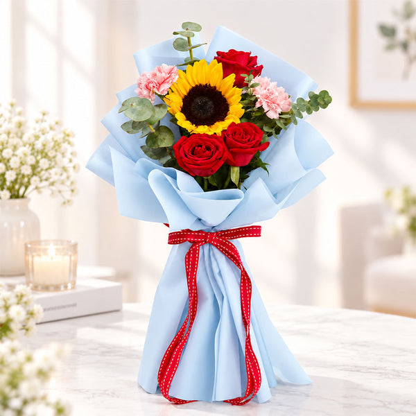 Sunflower and Red Roses Bouquet with Pink Carnations