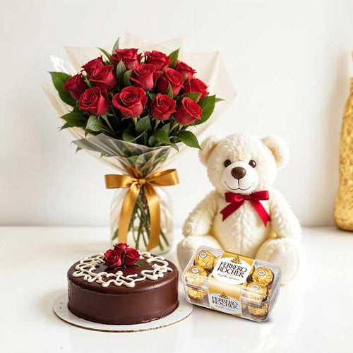 Red rose bouquet, chocolate cake, teddy bear, and Ferrero Rocher chocolates gift combo