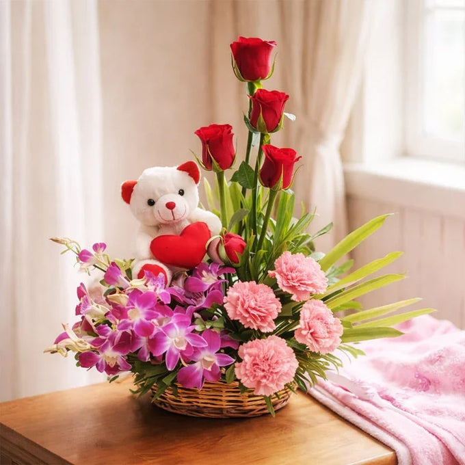 Red Roses, Orchids & Pink Carnations Basket with 6 Inch Teddy - Flower Delivery in GiftsGhaziabad
