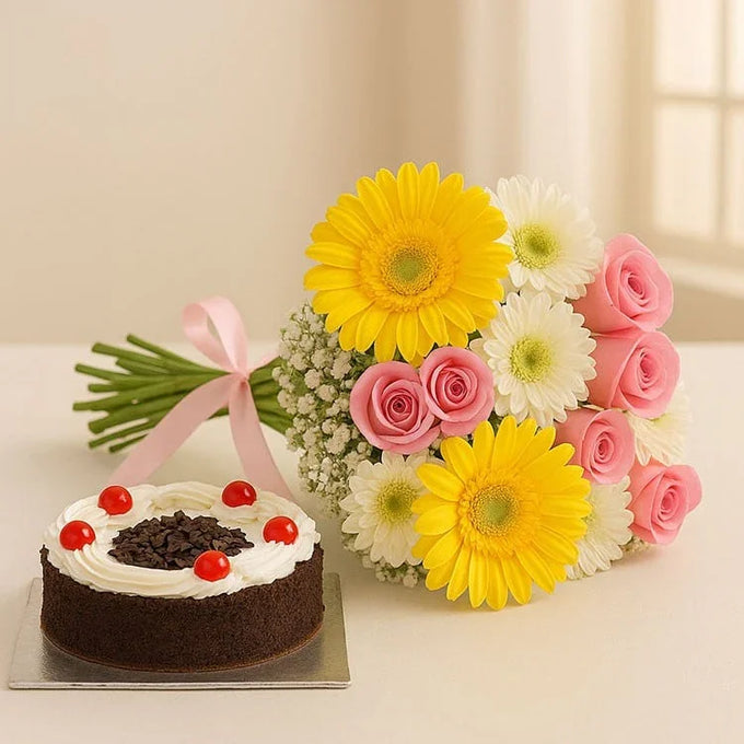 Mixed Flower Bouquet with Black Forest Cake - Flower Delivery in GiftsGhaziabad