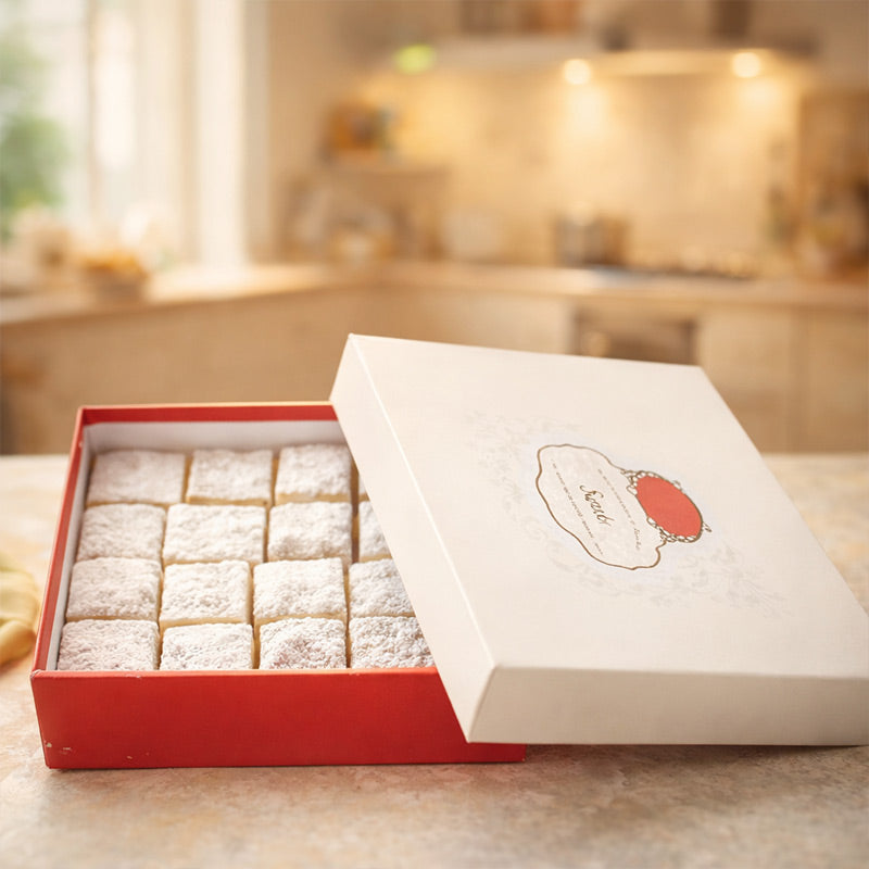 Box of powdered sugar cookies on a kitchen counter