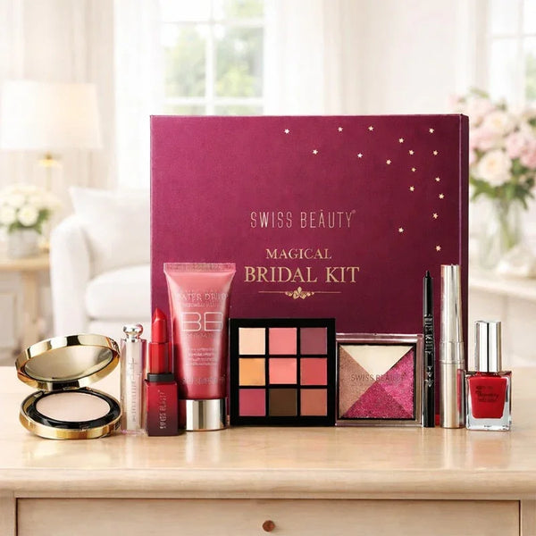 Swiss Beauty Magical Bridal Kit with various makeup items on a wooden surface.