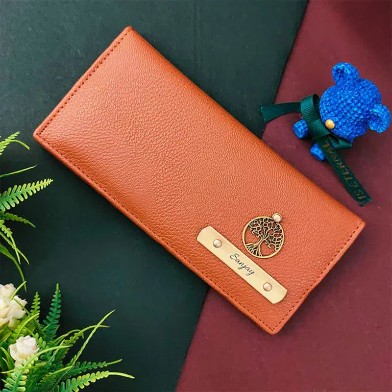 Brown wallet with a decorative emblem on a dark green and red background