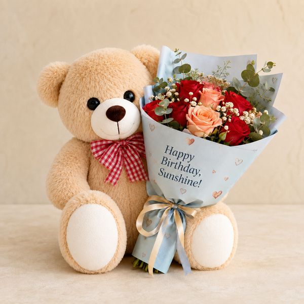 Teddy Hugs and Birthday Blooms gift combo