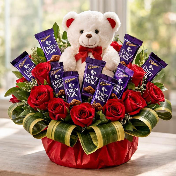 Red Roses Basket with 8 Dairy Milk Chocolates & 6 Inch Teddy - Flower Delivery in Kalyani