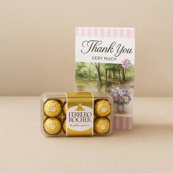 Thank you card with Ferrero Rocher chocolate box gift set on beige background